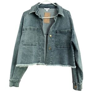 Mittoshop Cropped Patch Pocket Frayed Hem Denim Oversized Boxy Jacket Sz S